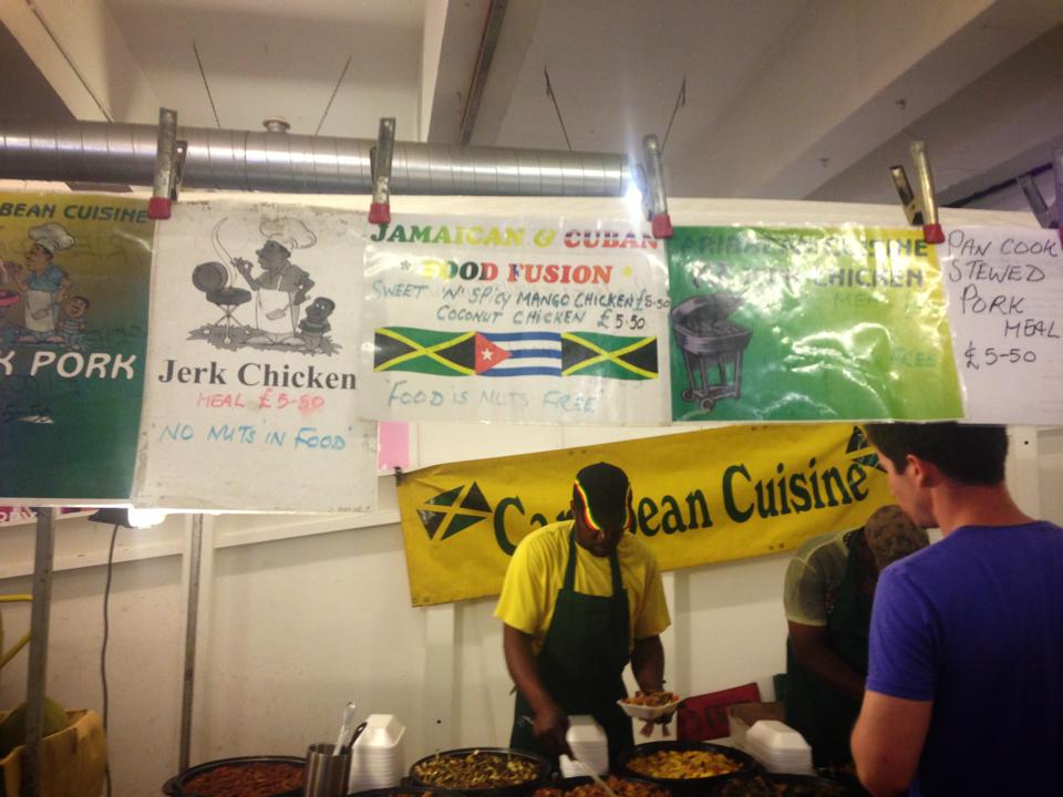 Old Spitalfields Market stall serving Jamaican food in London
